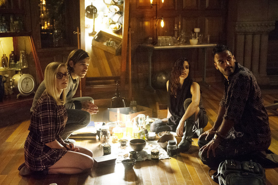 THE MAGICIANS -- Pictured: (l-r) Olivia Taylor Dudley as Alice, Jason Ralph as Quentin, Jade Tailor as Kady, Arjun Gupta as Penny -- (Photo by: Carole Segal/Syfy)