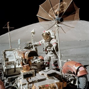 Apollo 17 commander Eugene Cernan with the lunar rover in December 1972, in the moon’s Taurus-Littrow valley. Credit- NASA