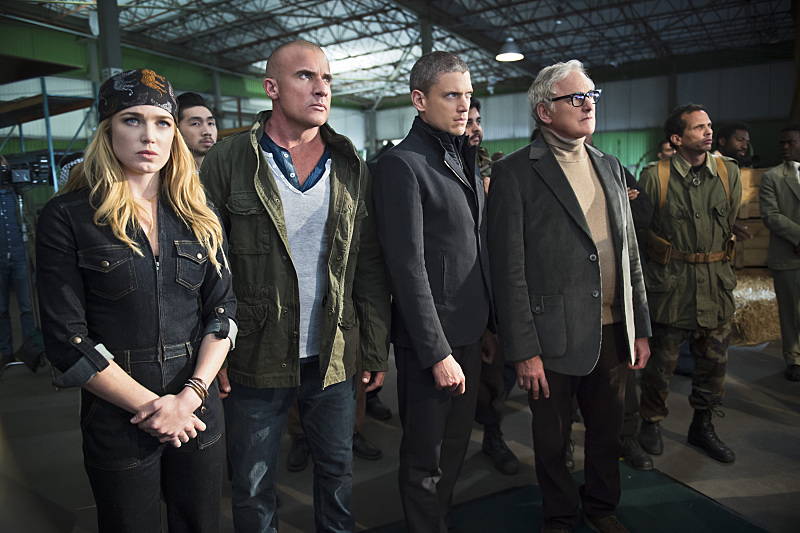No, not SMERSH...  -- Pictured (L-R): Caity Lotz as Sara Lance, Dominic Purcell as Mick Rory, Wentworth Miller as Leonard Snart and Victor Garber as Professor Martin Stein (Diyah Perah/The CW)