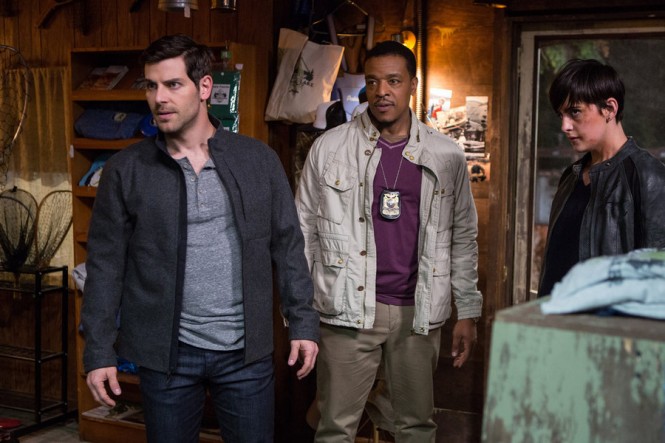 GRIMM -- "A Reptile Dysfunction" Episode 508 -- Pictured: (l-r) David Giuntoli as Nick Burkhardt, Russell Hornsby as Hank Griffin, Jacqueline Toboni as Trubel -- (Photo by: Scott Green/NBC)