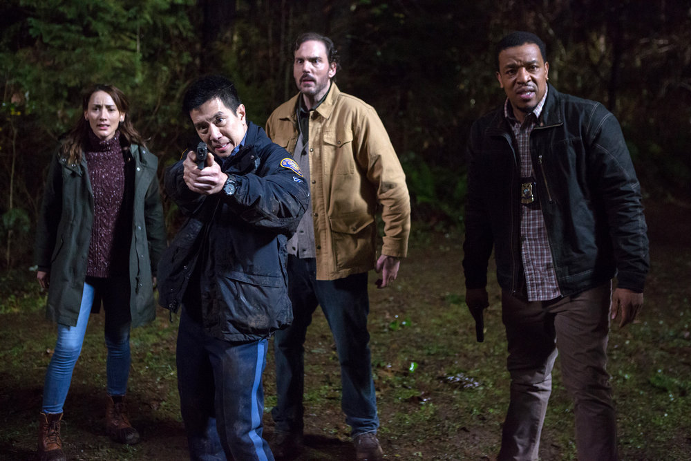 GRIMM -- "Lycanthropia" Episode 514 -- Pictured: (l-r) Bree Turner as Rosalee Calvert, Reggie Lee as Sergeant Wu, Silas Weir Mitchell as Monroe, Russell Hornsby as Hank Griffin -- (Photo by: Scott Green/NBC)