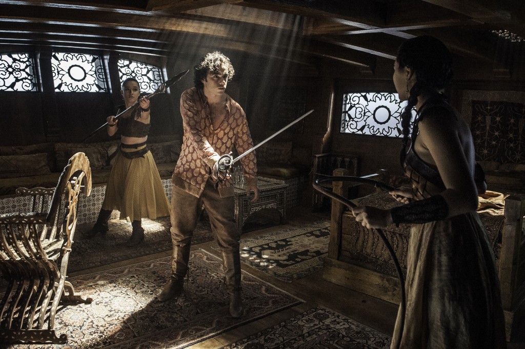 Pictured: Keisha Castle-Hughes as Obara Sand, Toby Sebastian as Trystane Martell, and Jessica Henwick as Nym Sand (Helen Sloan/HBO)