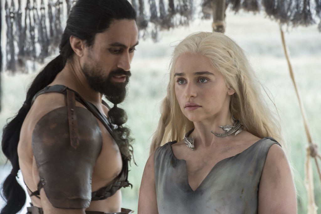 Pictured: Joe Naufahu as Khal Moro and Emilia Clarke as Daenerys Targaryen (Macall B. Polay/HBO)