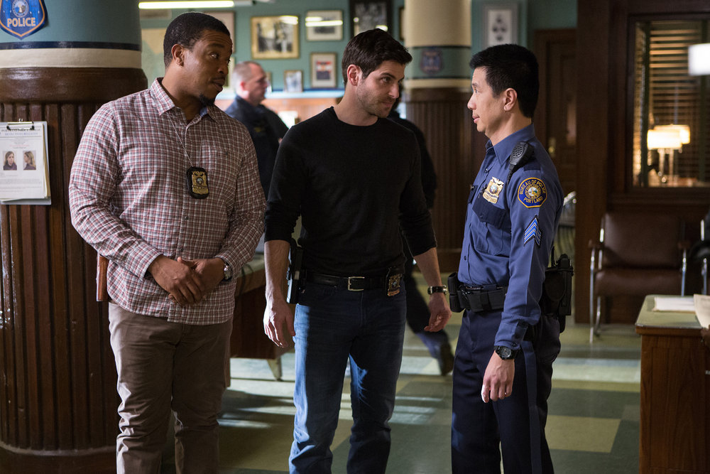 GRIMM -- "Lycanthropia" Episode 514 -- Pictured: (l-r) Russell Hornsby as Hank Griffin, David Giuntoli as Nick Burkhardt, Reggie Lee as Sergeant Wu -- (Photo by: Scott Green/NBC)