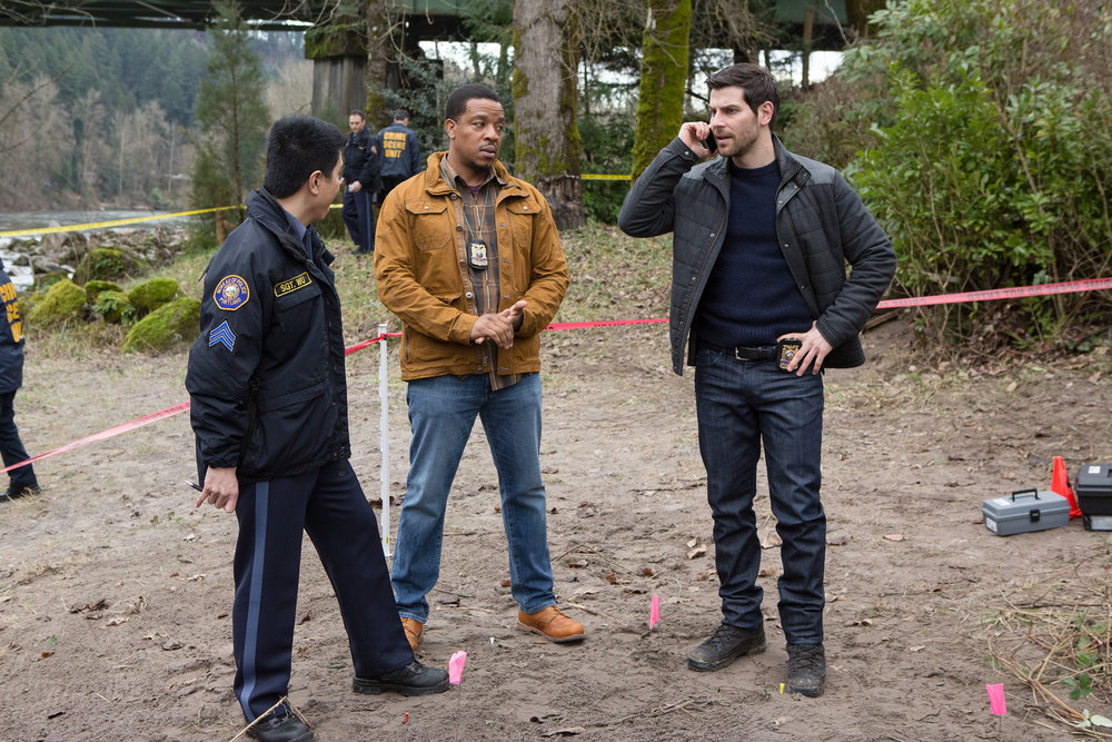 GRIMM -- "Inugami" Episode 517 -- Pictured: (l-r) Reggie Lee as Sergeant Wu, Russell Hornsby as Hank Griffin, David Giuntoli as Nick Burkhardt -- (Photo by: Scott Green/NBC)