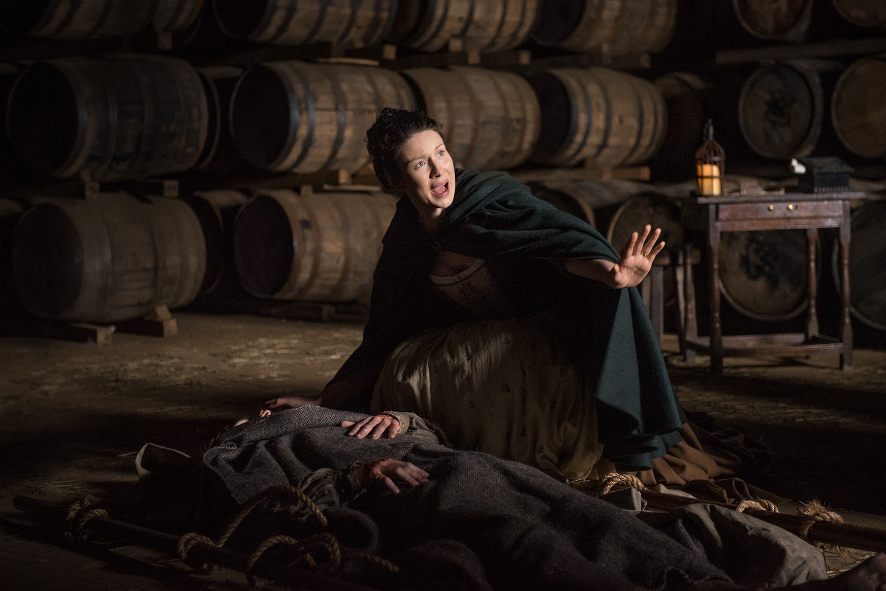 Claire (Caitriona Balfe) warning peolpe away from smallpox victims. Also, me whenever Frank talks in this episode. (Courtesy Starz)