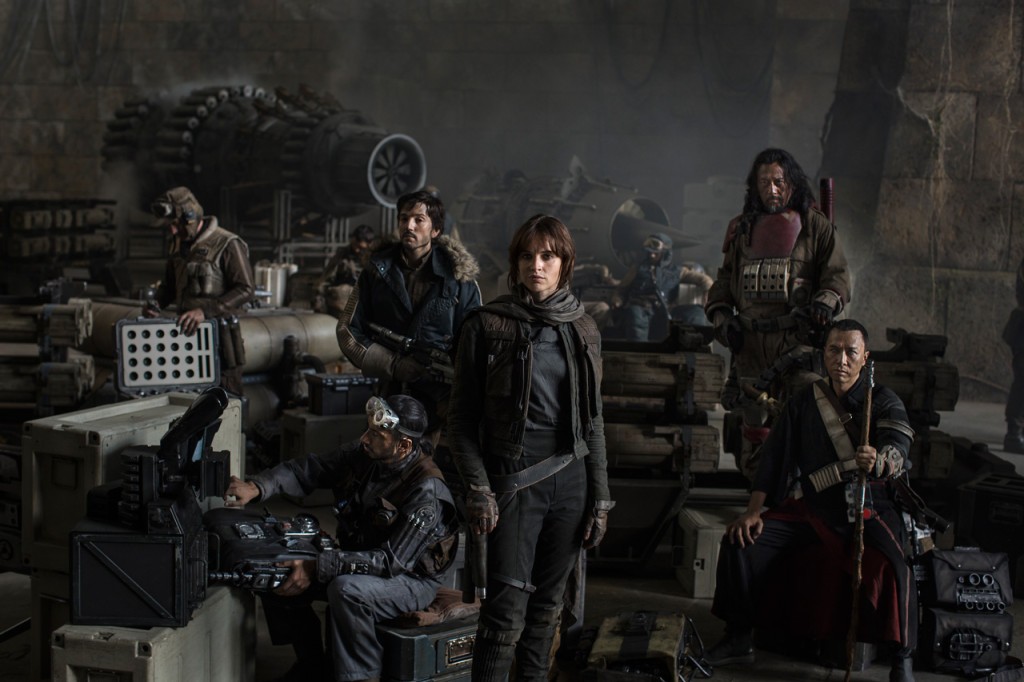 Left to Right: Riz Ahmed, Diego Luna, Felicity Jones, Jiang Wen, and Donnie Yen as a motley Rebel crew in Rogue One.