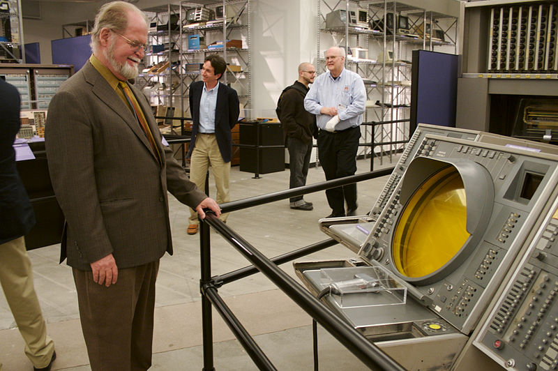 Larry Niven admires the SAGE (Semi-Automatic Ground Environment) air-defense operator's console, at the Computer History Museum in Mountain View, California