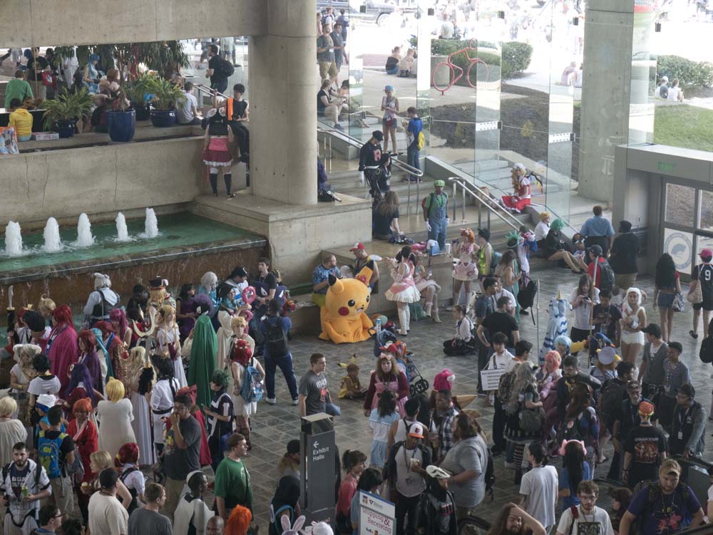 A view of the Charles Street entrance to the convention center, with plenty of cosplayers and one giant Pikachu,