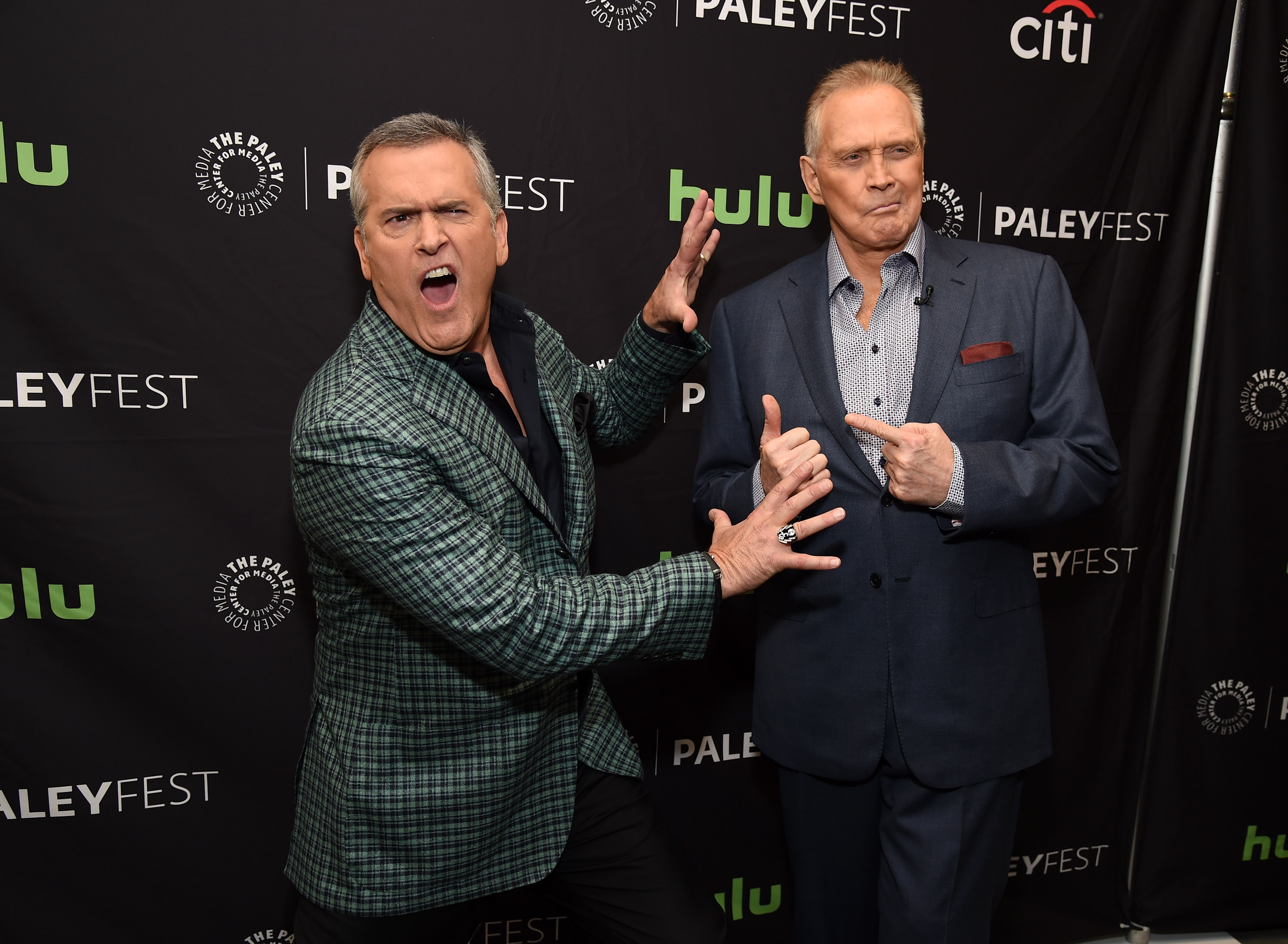 Bruce Campbell and Lee Majors - father and son on "Ash Vs. Evil Dead". (Photo by Michael Kovac/Getty Images for The Paley Center For Media)