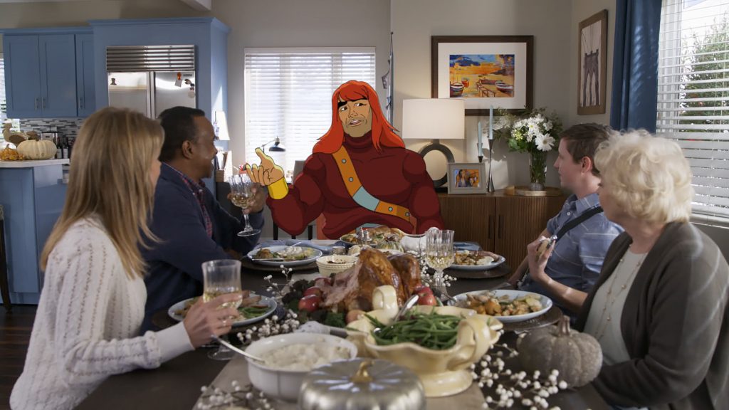 SON OF ZORN: L-R: Cheryl Hines, Tim Meadows, Zorn (voiced by Jason Sudeikis), Johnny Pemberton and guest star Jenny O'Hara in the "The Battle of Thanksgiving" episode of SON OF ZORN airing Sunday, Nov. 13 (8:30-9:00 PM ET/PT) on FOX. ©2016 Fox Broadcasting Co. Cr: FOX