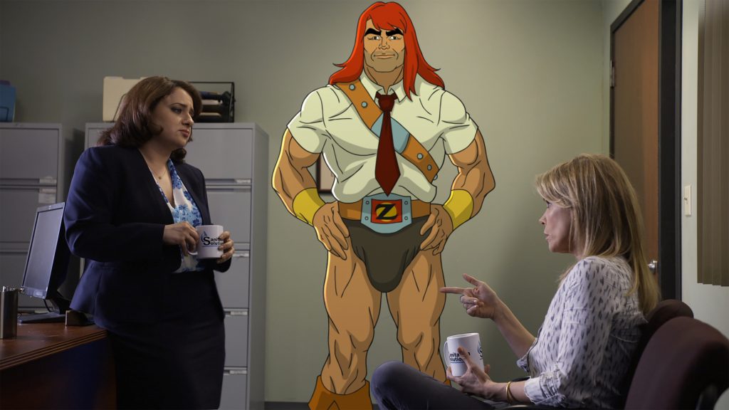 SON OF ZORN: L-R: Artemis Pebdani, Zorn (voiced by Jason Sudeikis) and Cheryl Hines in the "A Tale of Two Zorns" episode of SON OF ZORN airing Sunday, Nov. 6 (8:30-9:00 PM ET/PT) on FOX. ©2016 Fox Broadcasting Co. Cr: FOX