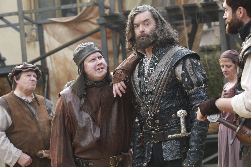 GALAVANT - "Aw, Hell, the King" - Desperate to raise an army and storm Hortensia, Galavant and King Richard return to his former castle to find the village thriving, now that they've found democracy. The discovery leads Richard to have an identity crisis now that his people don't need him. Galavant uses a town hall meeting to recruit fighters from the village, but the volunteers are in short supply. In Hortensia, an evil wedding planner named Wormwood poisons Isabella's mind with an enchanted tiara, intent on making her help him take over the kingdom. Meanwhile, Madalena threatens Sid with death unless he helps Gareth overcome his guilt-ridden nightmares about betraying Richard on "Galavant," airing SUNDAY, JANUARY 10 (8:00--8:30 p.m. EST) on the ABC Television Network. (ABC/Angus Young) MATT LUCAS, TIMOTHY OMUNDSON