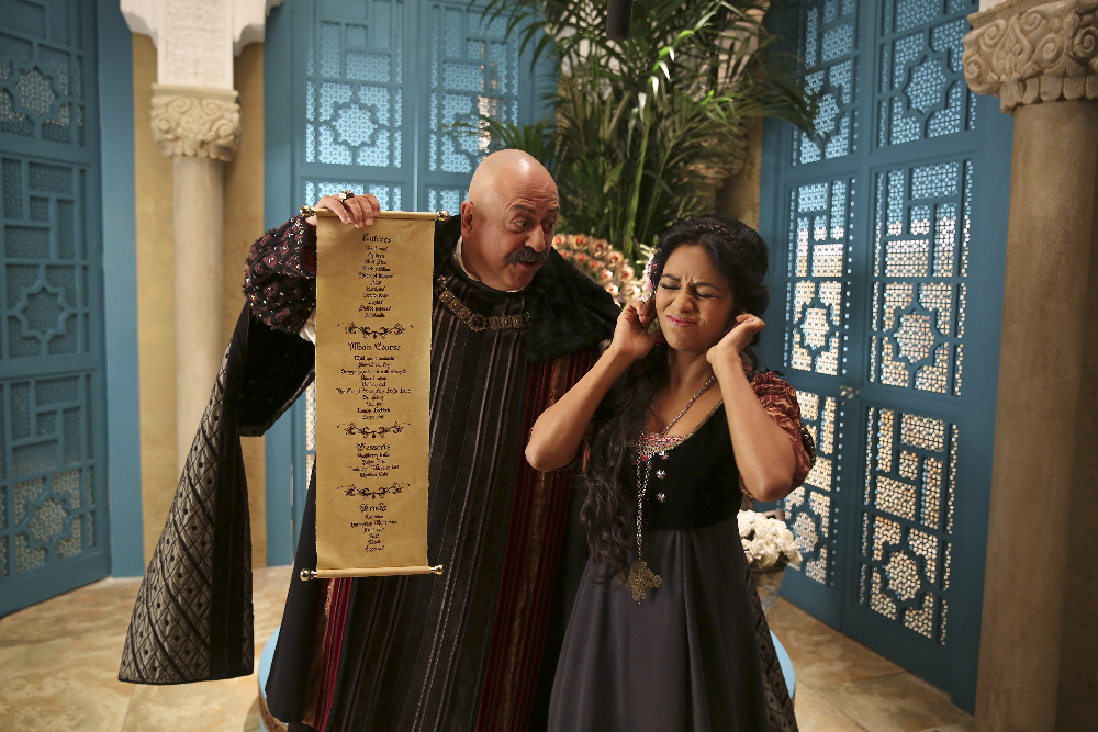 GALAVANT - "Aw, Hell, the King" - Desperate to raise an army and storm Hortensia, Galavant and King Richard return to his former castle to find the village thriving, now that they've found democracy. The discovery leads Richard to have an identity crisis now that his people don't need him. Galavant uses a town hall meeting to recruit fighters from the village, but the volunteers are in short supply. In Hortensia, an evil wedding planner named Wormwood poisons Isabella's mind with an enchanted tiara, intent on making her help him take over the kingdom. Meanwhile, Madalena threatens Sid with death unless he helps Gareth overcome his guilt-ridden nightmares about betraying Richard on "Galavant," airing SUNDAY, JANUARY 10 (8:00--8:30 p.m. EST) on the ABC Television Network. (ABC/Nick Ray) STANLEY TOWNSEND, KAREN DAVID