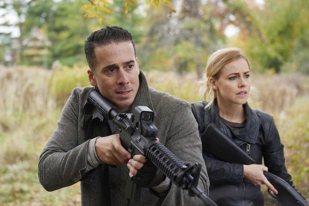 12 MONKEYS -- "Hyena" Episode 209 -- Pictured: (l-r) Kirk Acevedo as Jose Ramse, Amanda Schull as Cassandra Railly -- (Photo by: Russ Martin/Syfy)